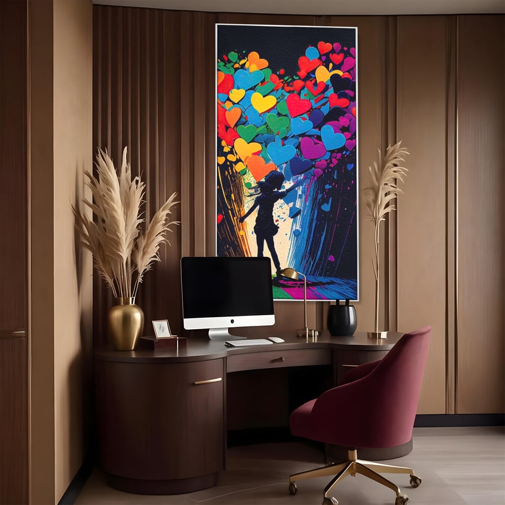 Tablou canvas cu tablou canvas cu silueta si inimi colorate, in rama de aluminiu argintiu, pe perete intr-un birou